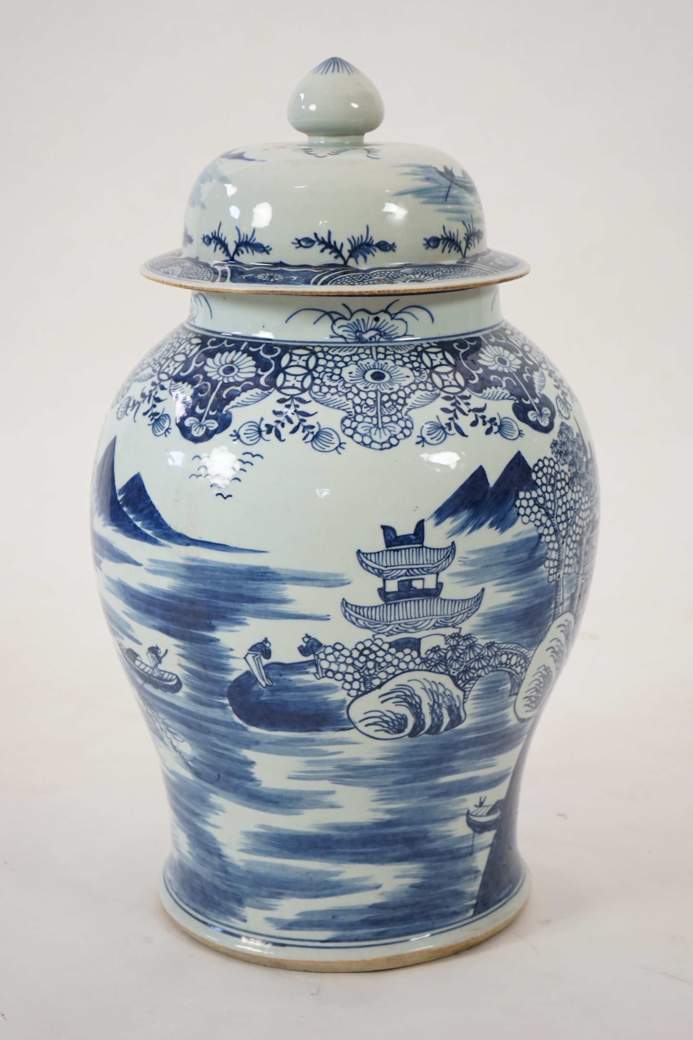 A massive Chinese blue and white ‘temple’ jar and cover, Qianlong period